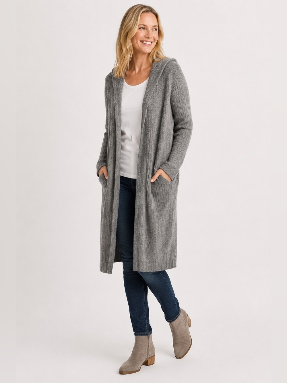 Garnet Hill Gray Hooded Long Cardigan Size Large
